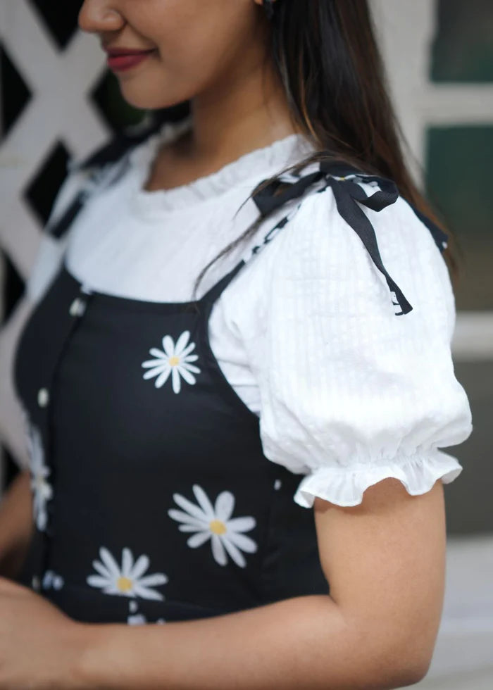 Admirable Daisy Flower Printed Black Rayon Dungaree Dress