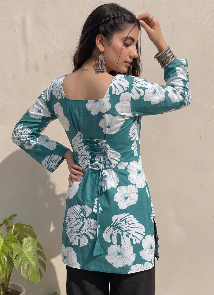 Teal Green Floral Printed Square Neck Cotton Kurti