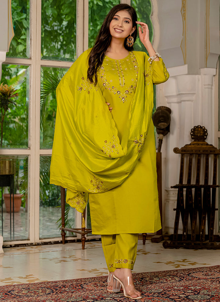 Light Green Marina Silk Embroidered Festive Kurta Set