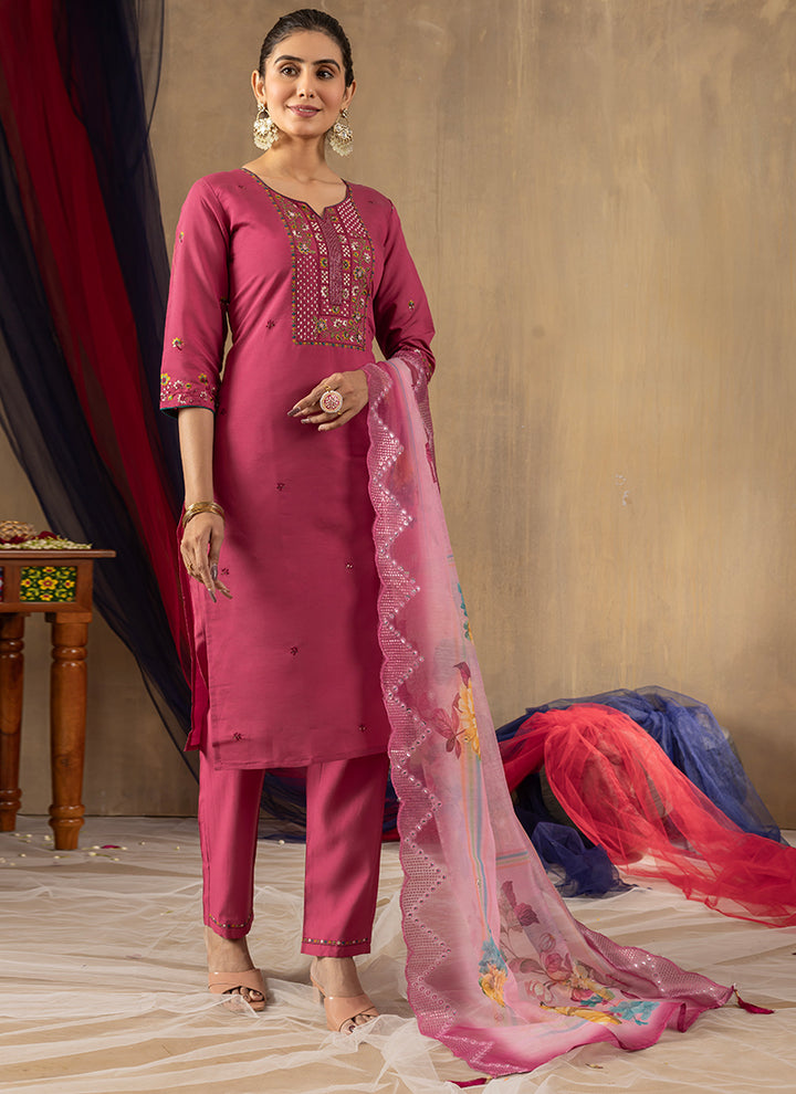Pink Thread Work Roman Silk Salwar Set For Festive