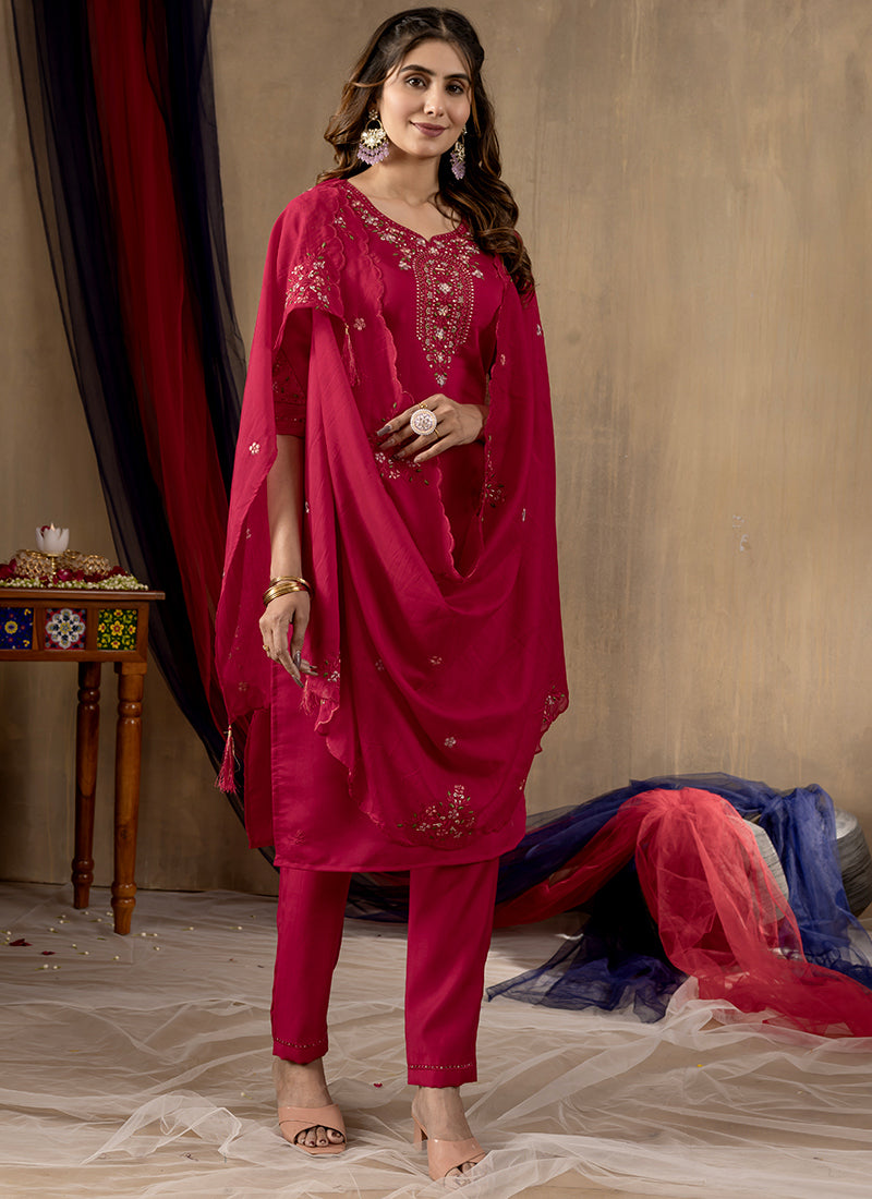 Rani Pink Roman Silk Thread Embroidered Kurta Set
