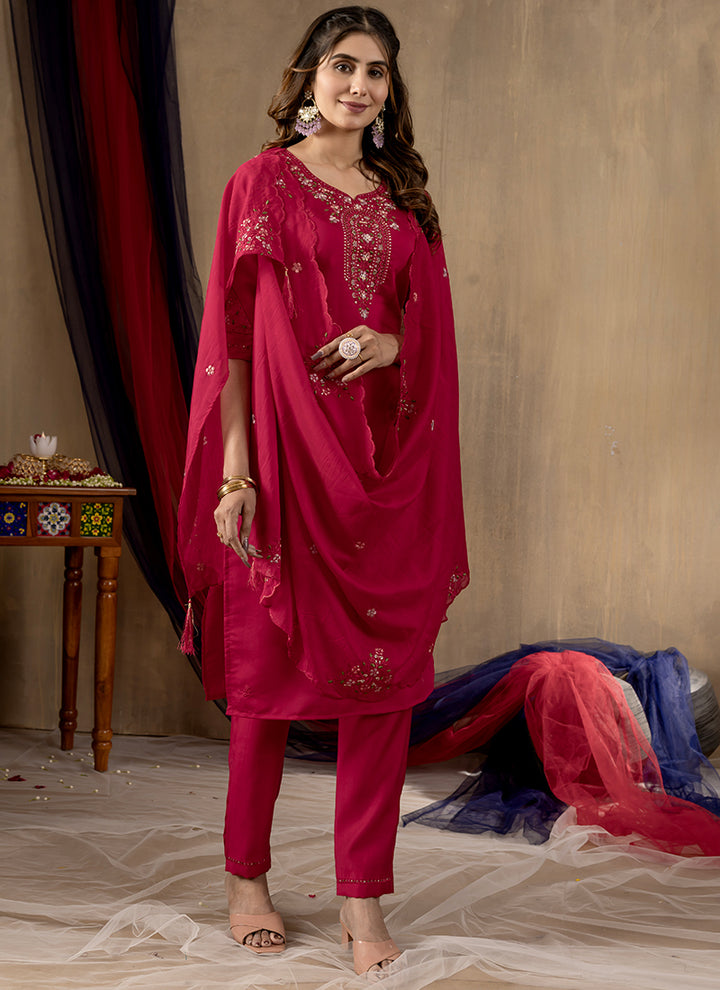 Rani Pink Roman Silk Thread Embroidered Kurta Set