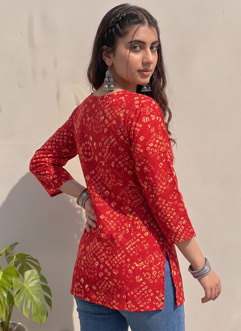 Red Cotton Bandhej Printed Outwear Kurti