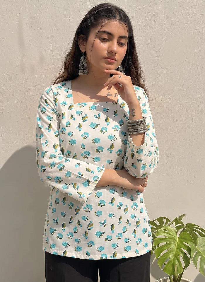 Off White Cotton Printed Office Wear Kurti
