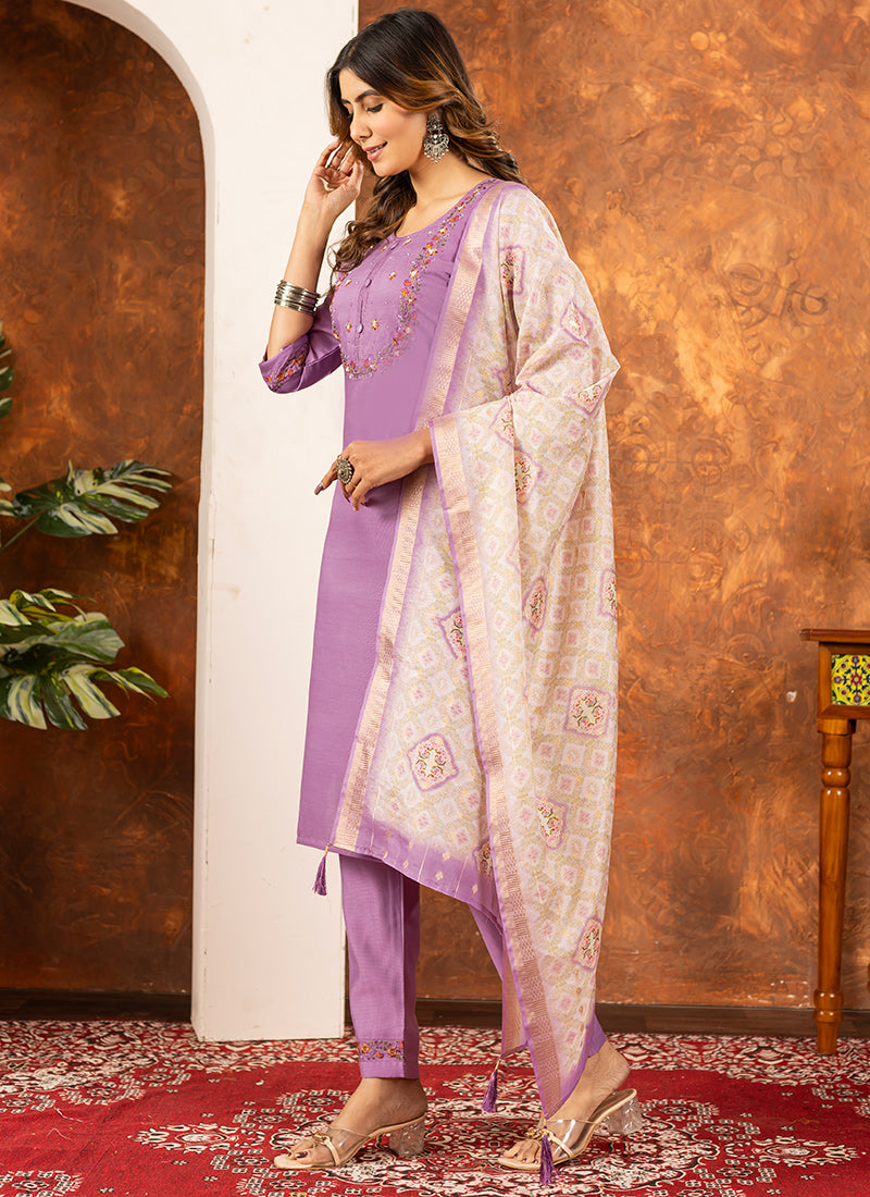 Lavender Marina Silk Embroidered Kurta Set