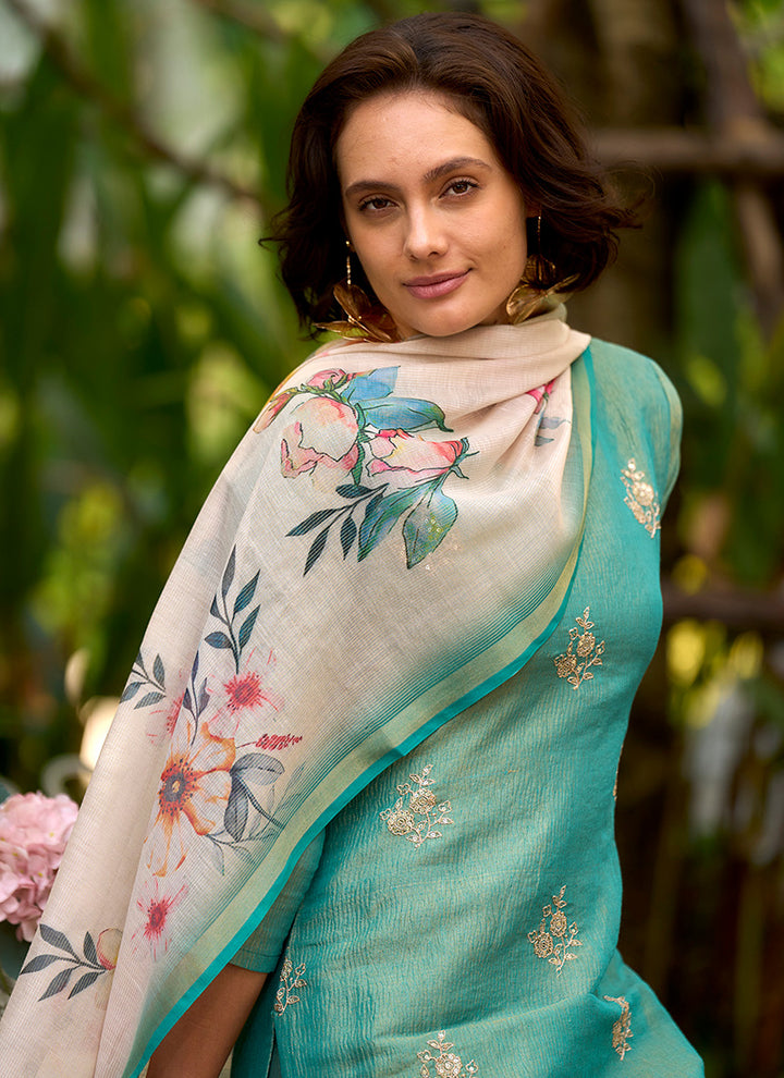 Sea Green Tissue Kurta With Trouser And Dupatta