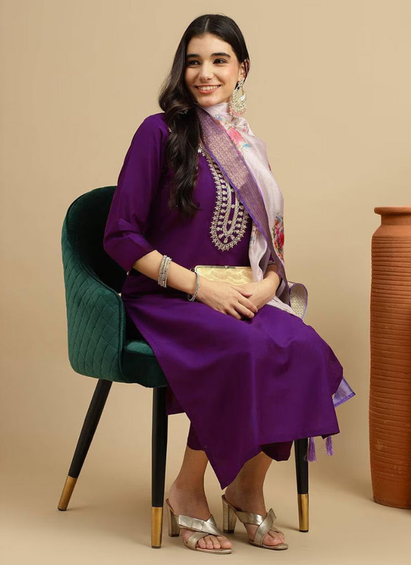 Purple Rayon Embroidered Straight Kurta Set
