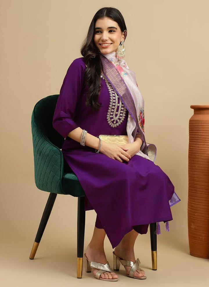 Purple Rayon Embroidered Straight Kurta Set