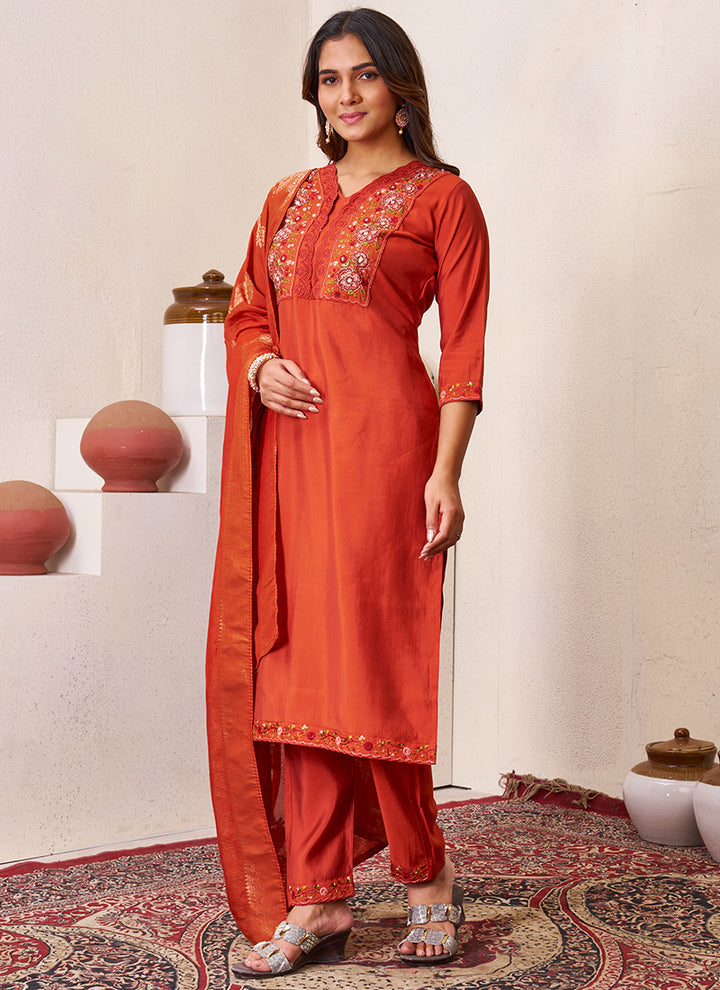 Rust Roman Silk Embroidered Festive Kurta Set