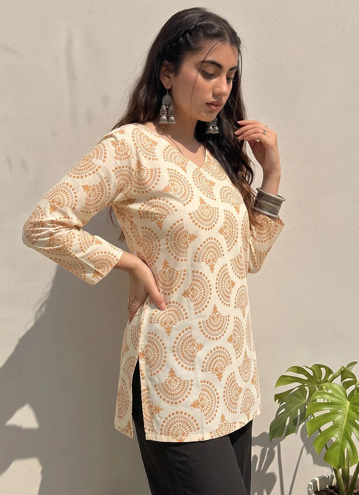 Off White Cotton Printed V Neck Office Wear Kurti