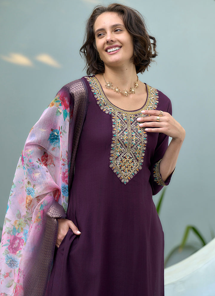 Wine Embroidered Straight Kurta Set With Dupatta
