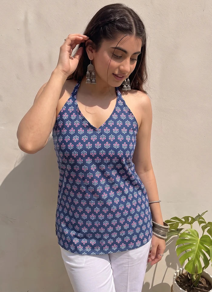 Blue Halter Neck Cotton Printed Outwear Kurti