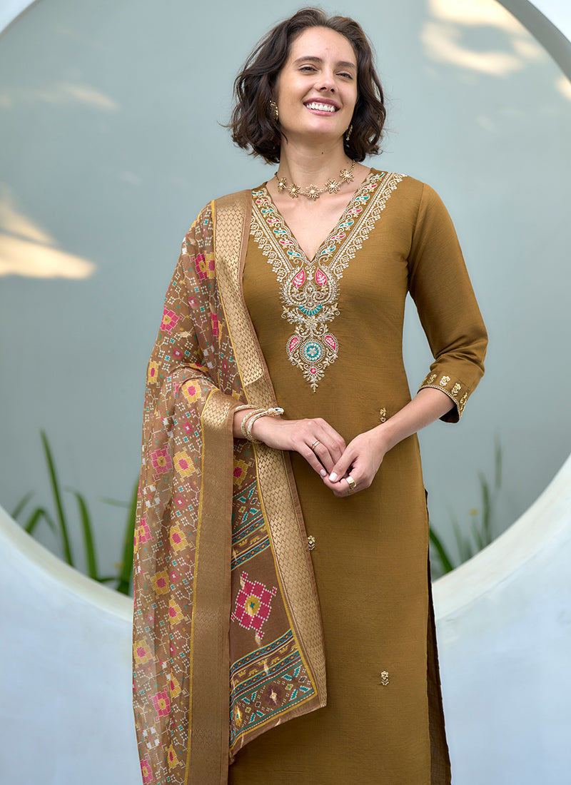 Khaki Yellow Vatican Embroidered Kurta Set With Dupatta