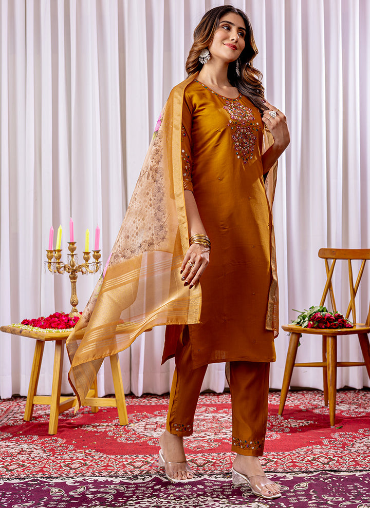 Mustard Thread Work Viscose Silk Kurta Set