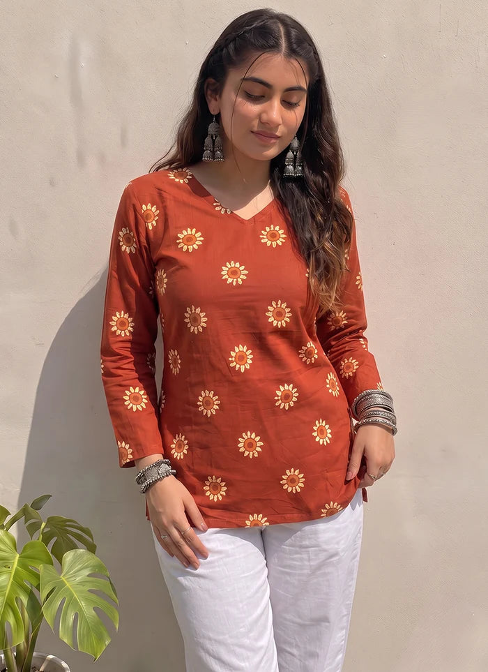 Orange Flower Printed Cotton V Neck Kurti