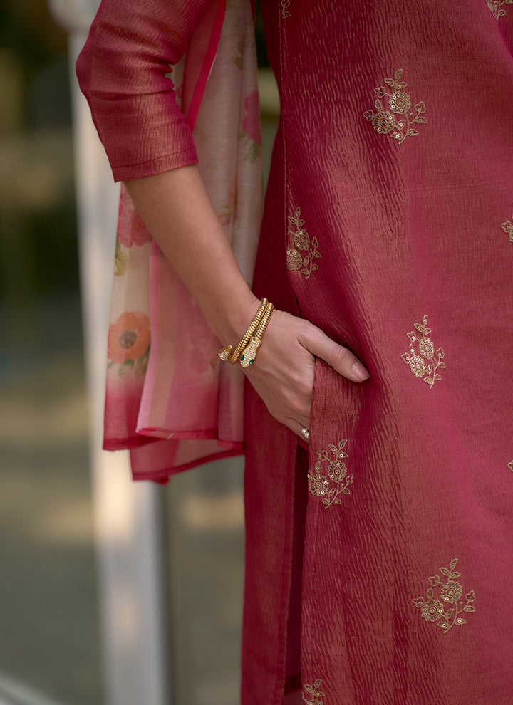 Red Tissue Kurta With Trouser And Dupatta