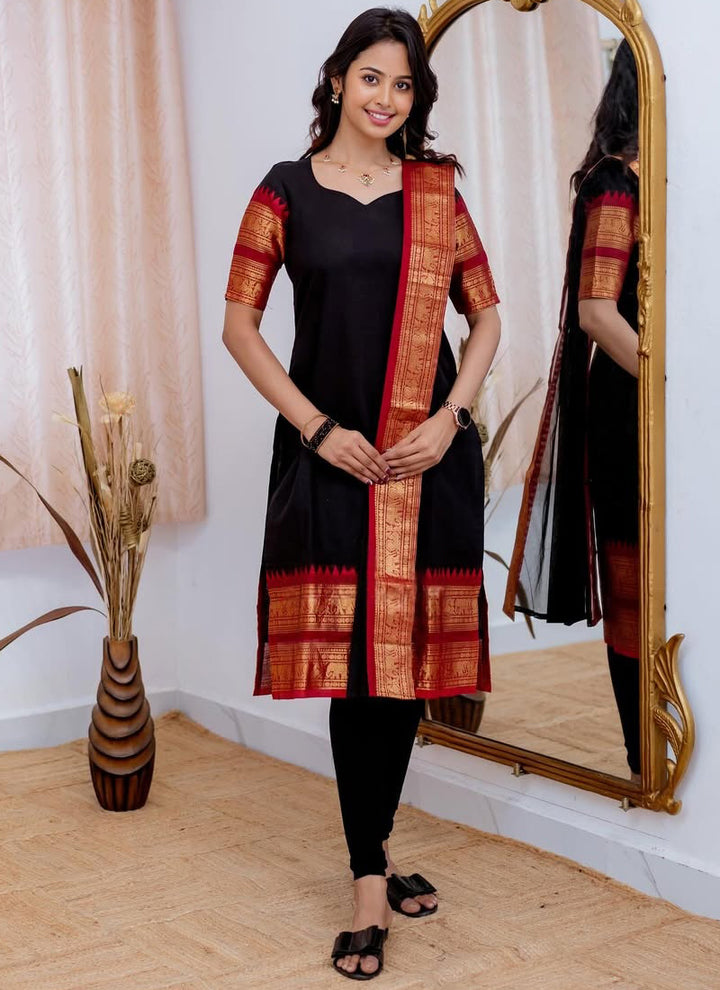 Kanchi Cotton Black Weaving Casual Kurta And Dupatta