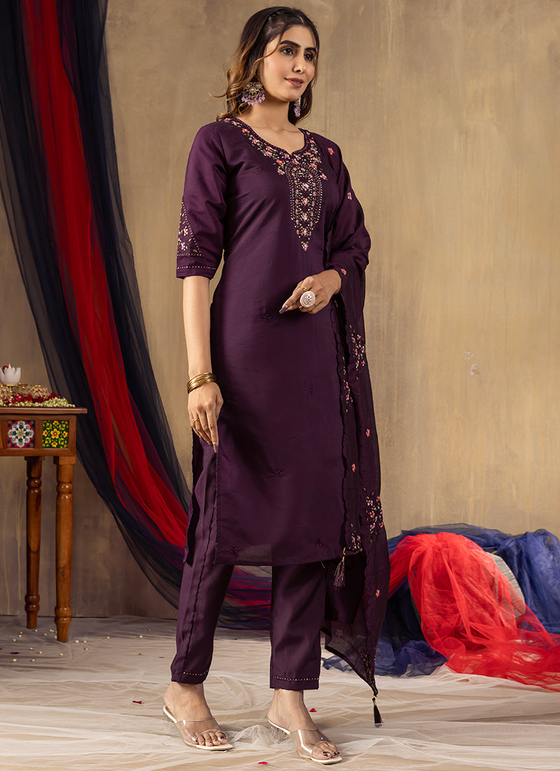Wine Thread Embroidered Roman Silk Kurta Set