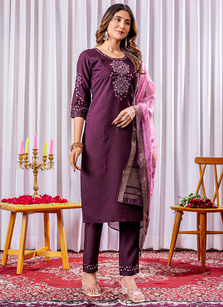 Wine Viscose Silk Embroidered Salwar Set For Festive