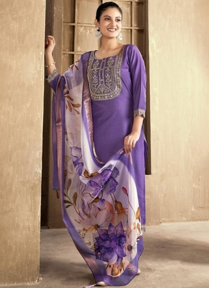 Deep Lavender Embroidered Rayon Straight Kurta Set