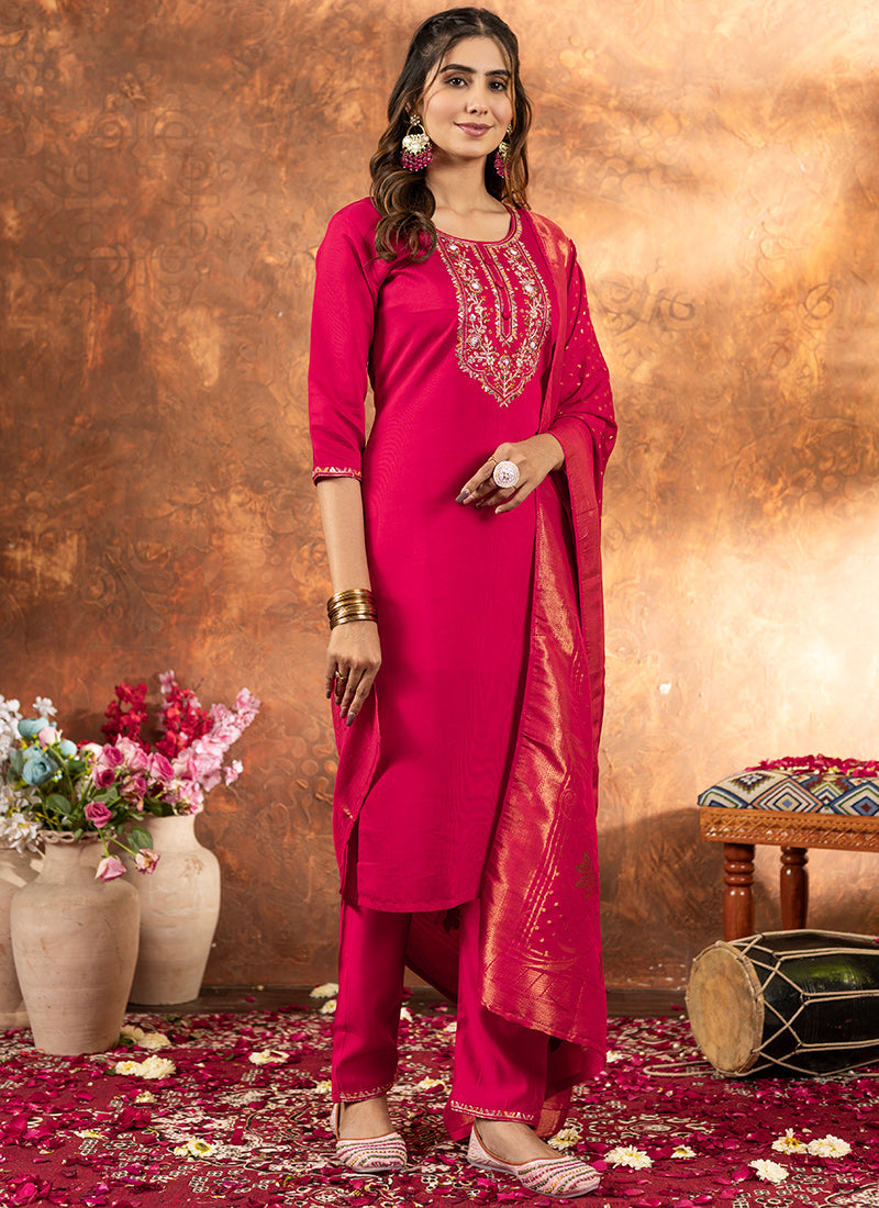 Hot Pink Marina Silk Festive Wear Kurta Set