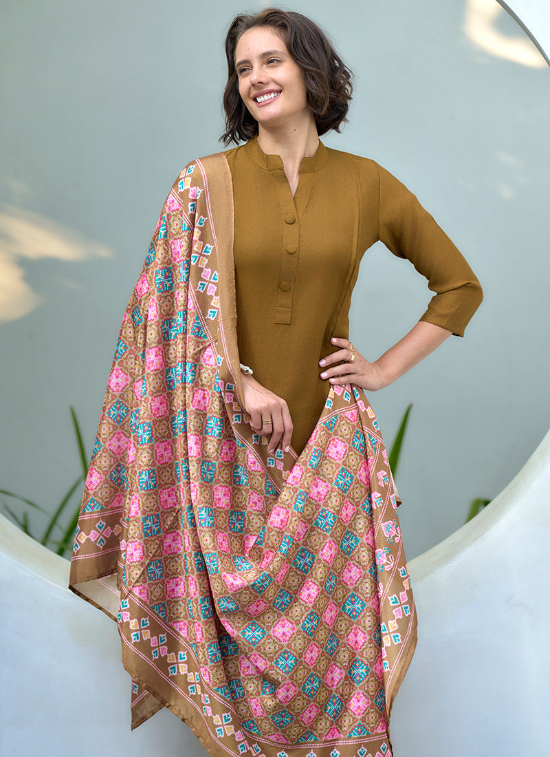 Mustard Vatican Straight Kurta Set With Printed Dupatta