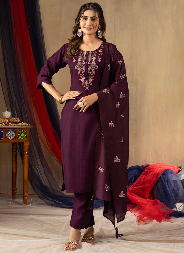 Wine Viscose Thread Embroidered Kurta Set