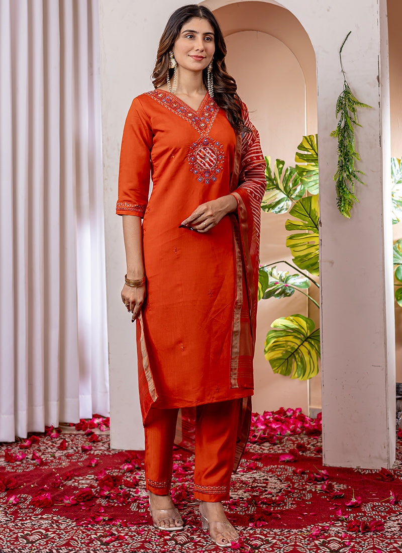 Orange V-Neck Viscose Silk Embroidered Salwar Suit