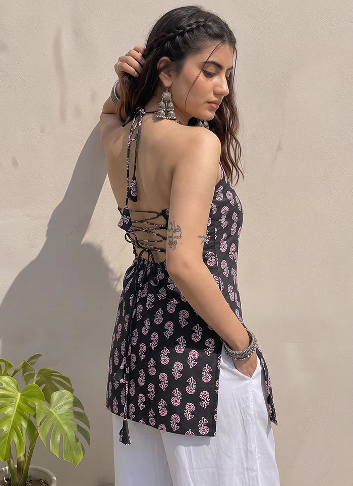 Black Cotton Printed Halter Neck Kurti