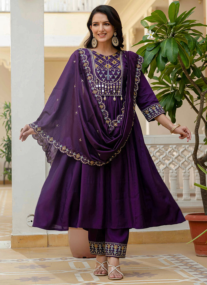 Purple Viscose Roman Silk Layered Kurta Set