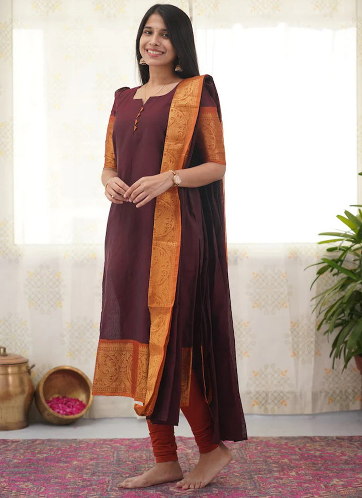 Wine Kanchi Cotton Woven Kurta And Dupatta For Casual Wear