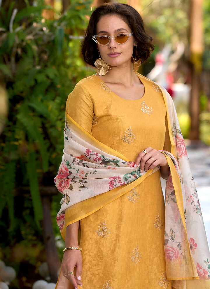 Yellow Tissue Kurta With Trouser And Dupatta