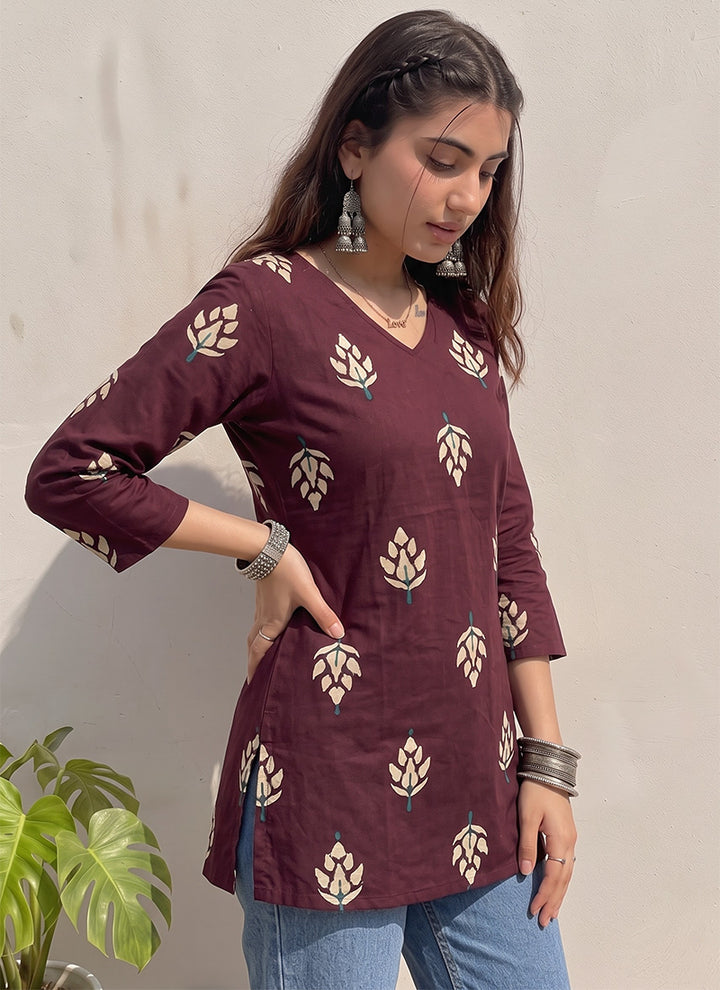 Wine Cotton Floral Printed Office Wear Kurti
