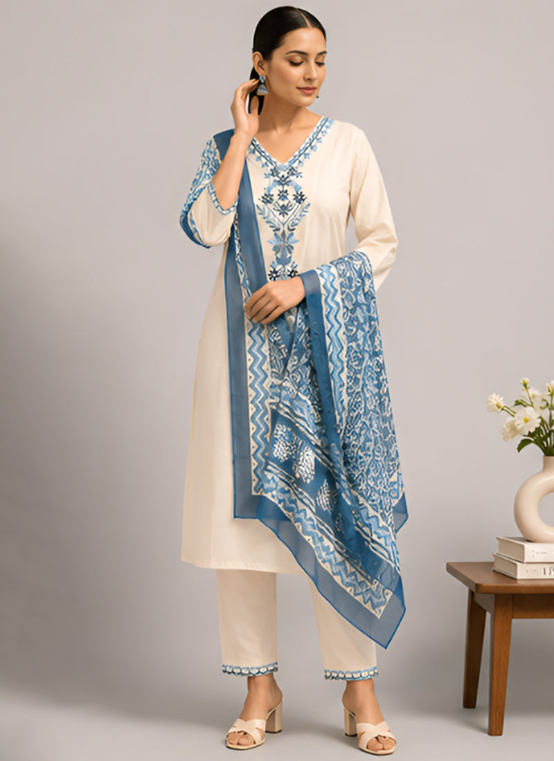 White Rayon Slub Embroidered Festive Kurta Set