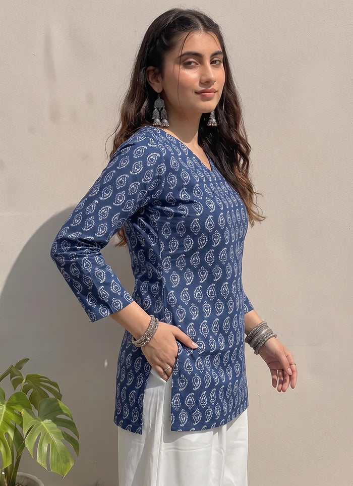 Blue Cotton Printed V Neck Outwear Kurti