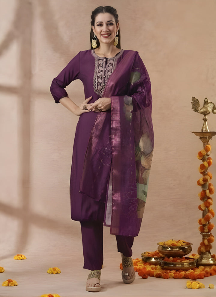 Wine Embroidered Cottton Straight Kurta Set