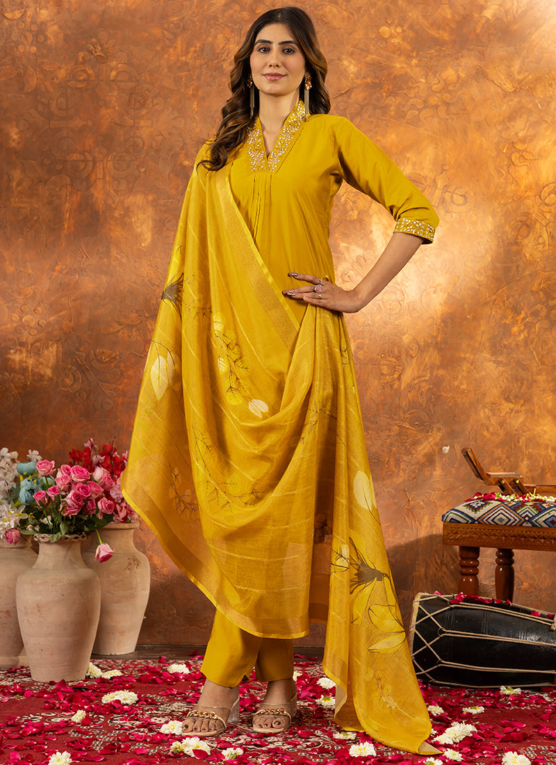 Mustard Yellow Roman Silk Embroidered Kurta Set For Haldi