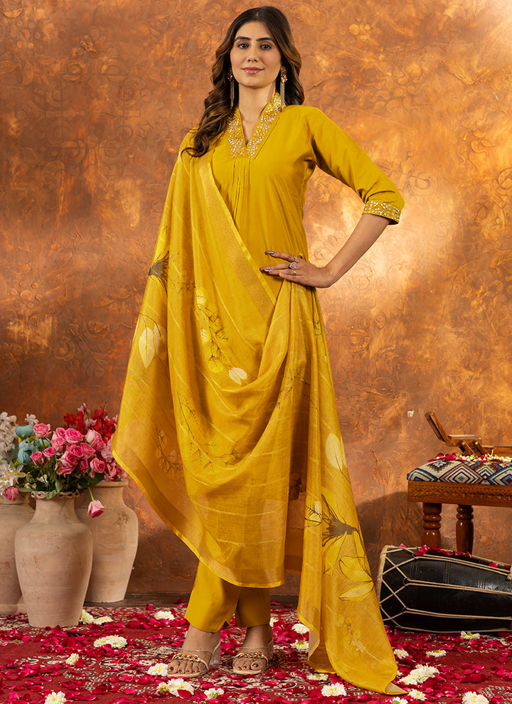 Mustard Yellow Roman Silk Embroidered Kurta Set For Haldi