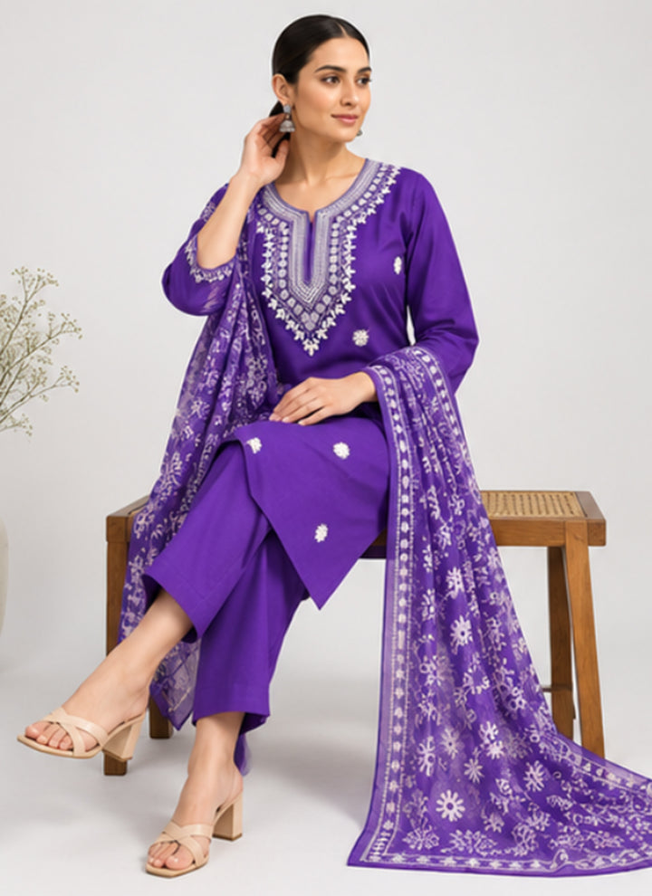Blue Rayon Slub Embroidered Festive Kurta Set