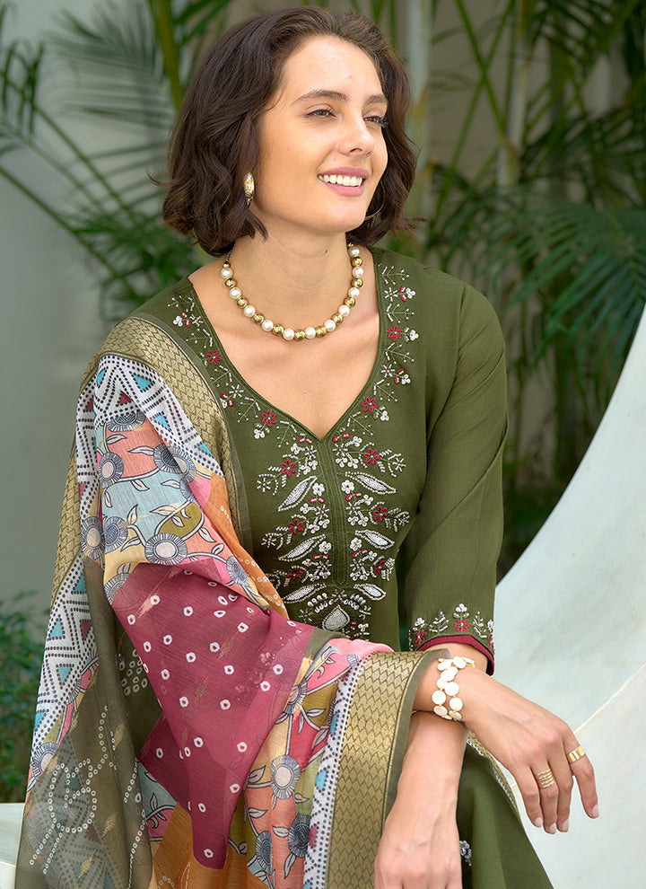Embroidered Green Kurta With Trouser And Dupatta