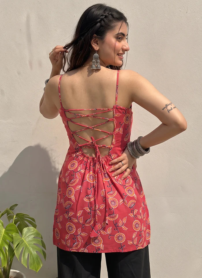 Red Floral Printed Cotton Outwear Kurti