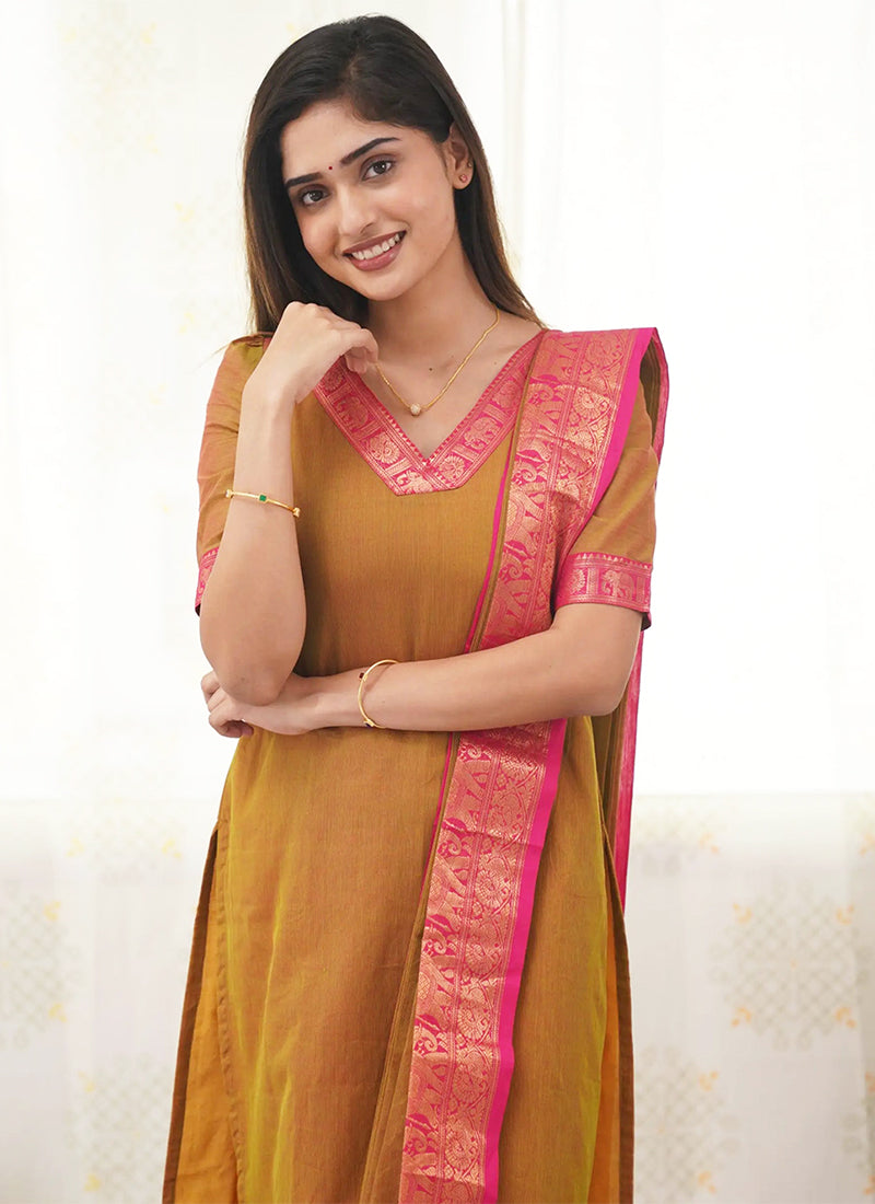 Mustard Kanchi Cotton Woven V-Neck Casual Kurta Set