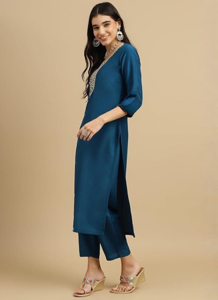 Teal Blue Rayon Embroidered Straight Kurta Set