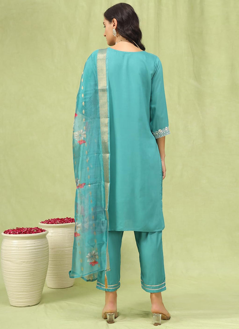 Rama Chanderi Cotton Embroidered Festive Kurta Set