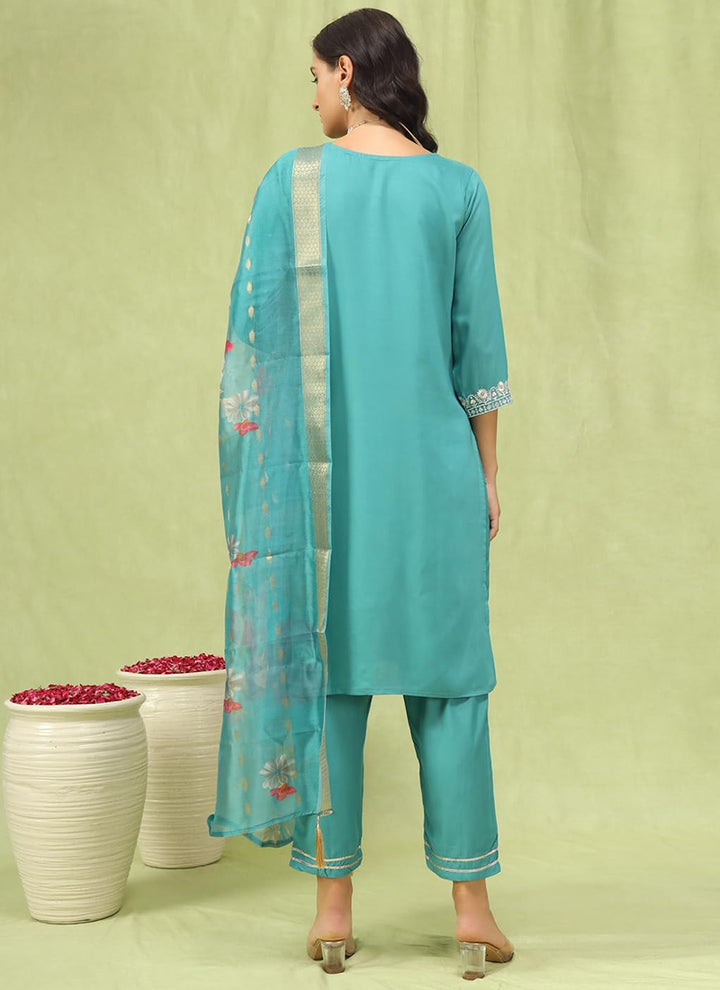 Rama Chanderi Cotton Embroidered Festive Kurta Set