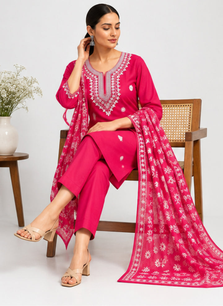 Pink Rayon Slub Embroidered Festive Kurta Set