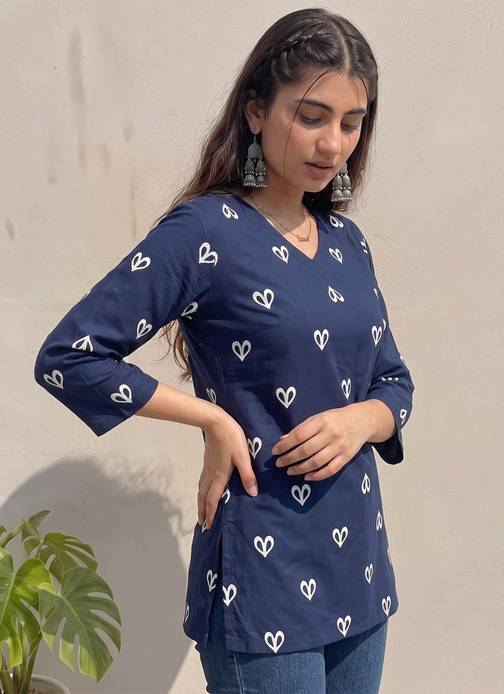 Blue Cotton Printed Office Wear Kurti