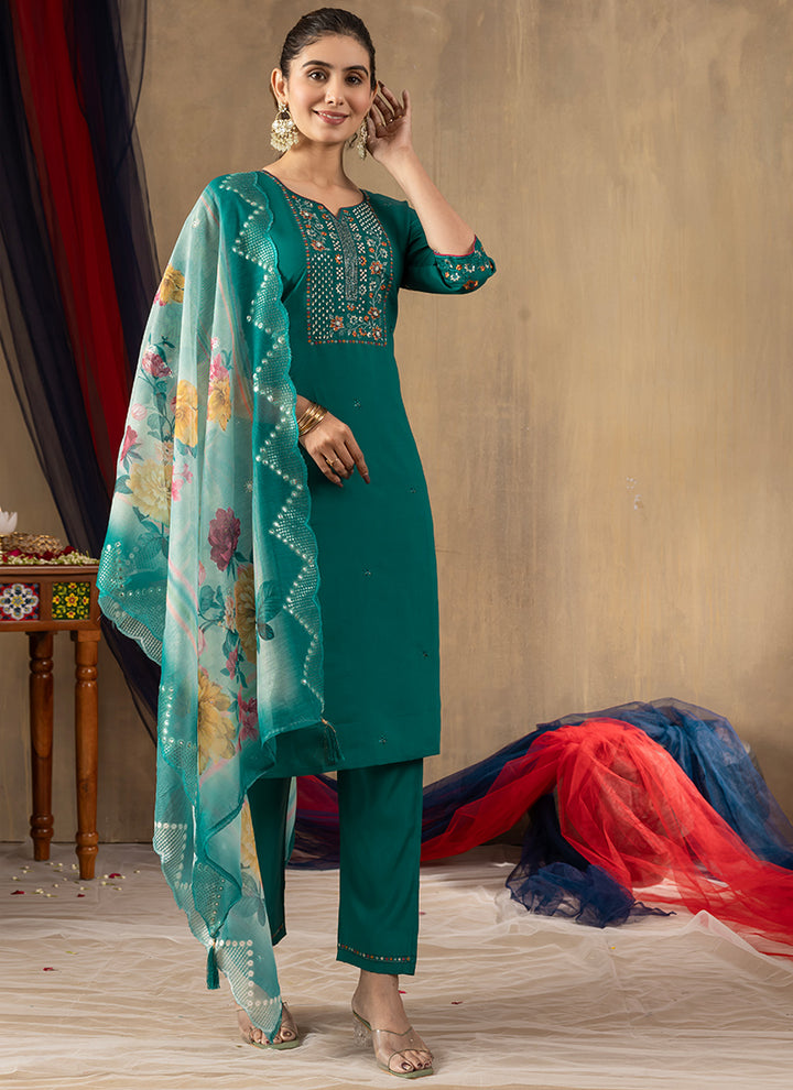 Roman Silk Teal Thread Work Salwar Set For Ceremonial