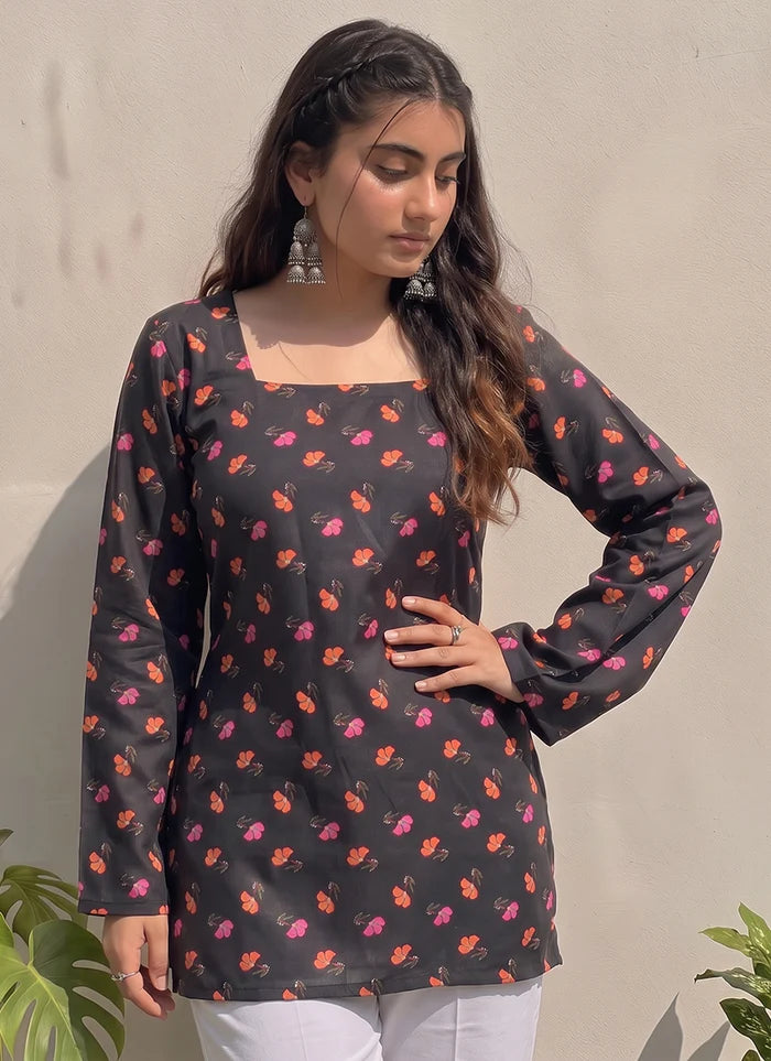 Black Cotton Printed Bell Sleeves Kurti