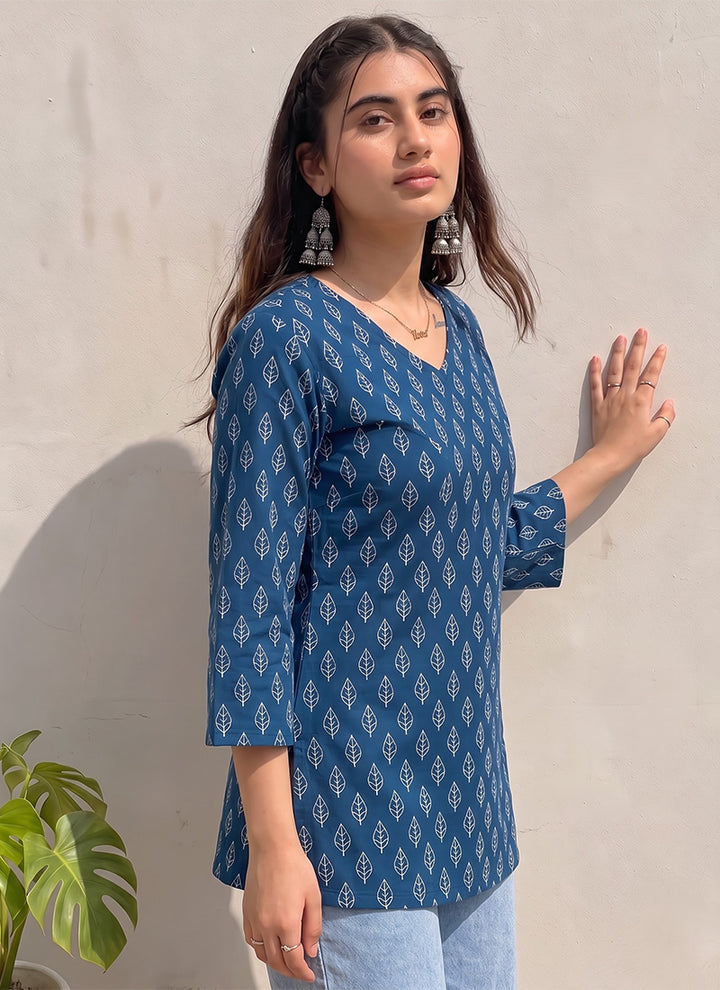 Teal Blue Cotton Floral Printed Outwear Kurti